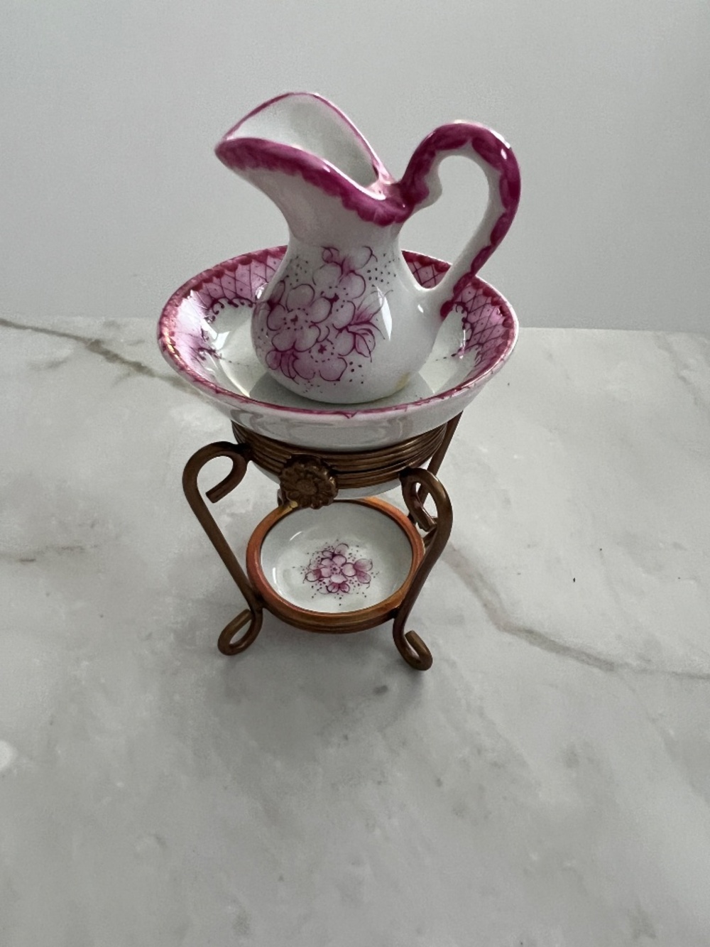 Limoges France P.V. Peint Main Miniature Washbasin Pitcher Bowl on Stand